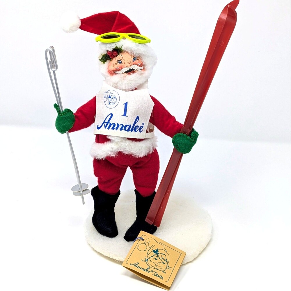 Vtg 1993 Annalee Skiing Santa Doll 10" #5242 | Goggles Ski Bib Poles Skis Snow